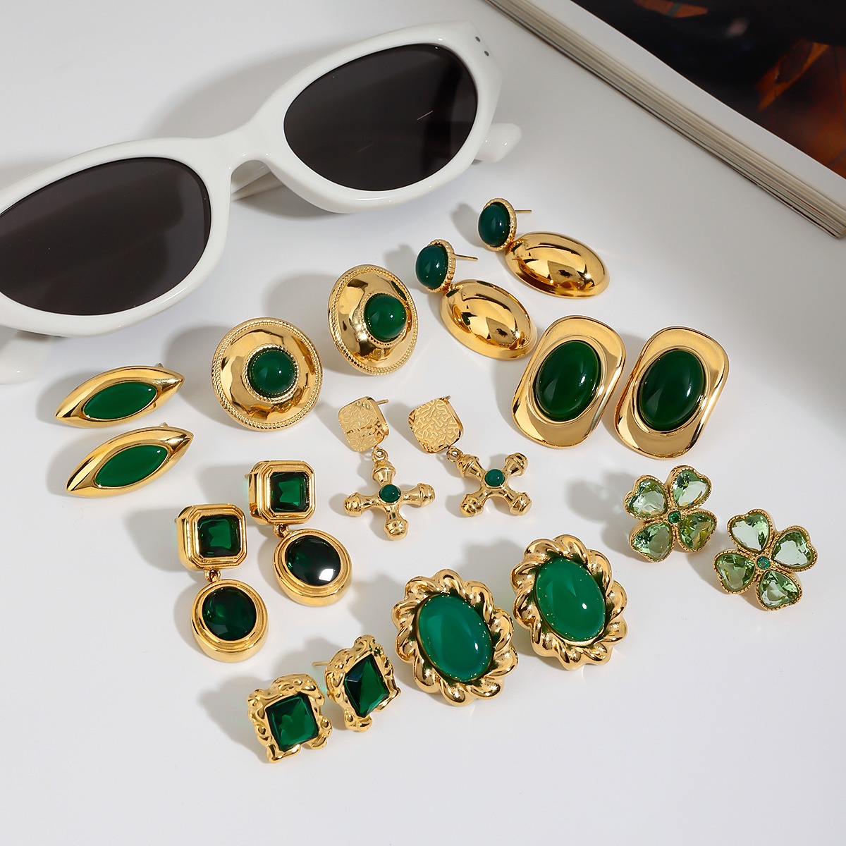 18K gold geometric/flower-shaped inlaid gemstone design light luxury noble earrings - Image 18