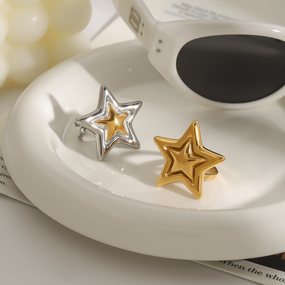 18K gold five-pointed star with texture design simple personality ring