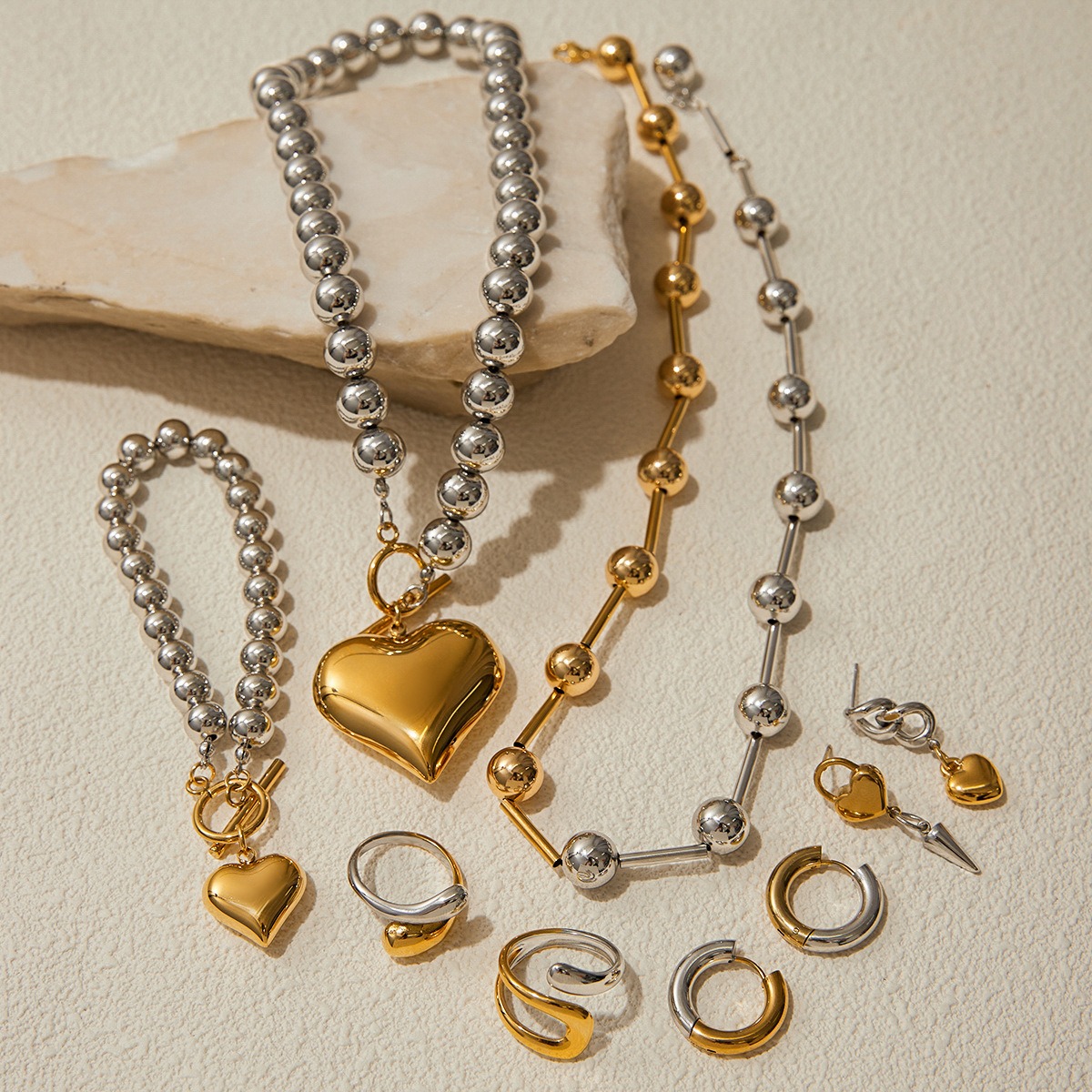 18K gold heart shape with gold and silver color matching design trendy personality necklace bracelet ring earrings set