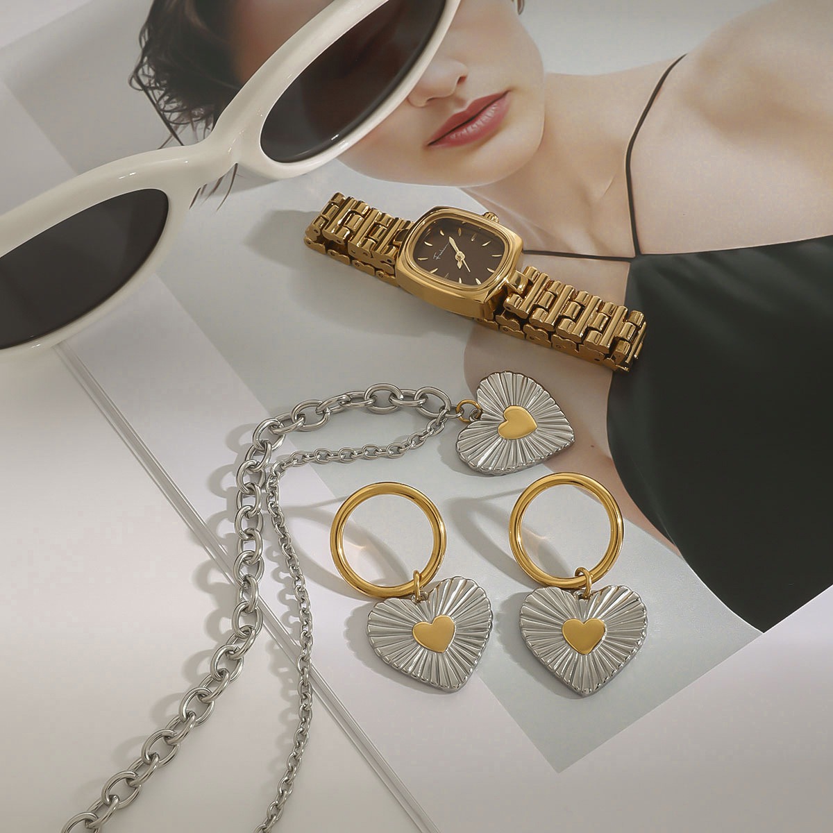 18K gold heart with gold and silver color matching design exquisite and fashionable necklace and earrings set - Image 7
