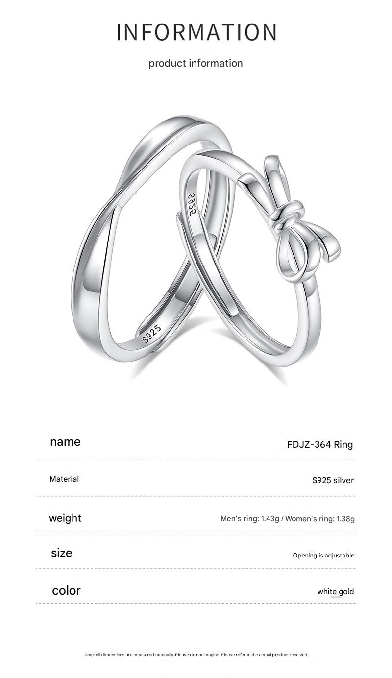 S925 silver heart knot entangled couple bowknot open ring - Image 3