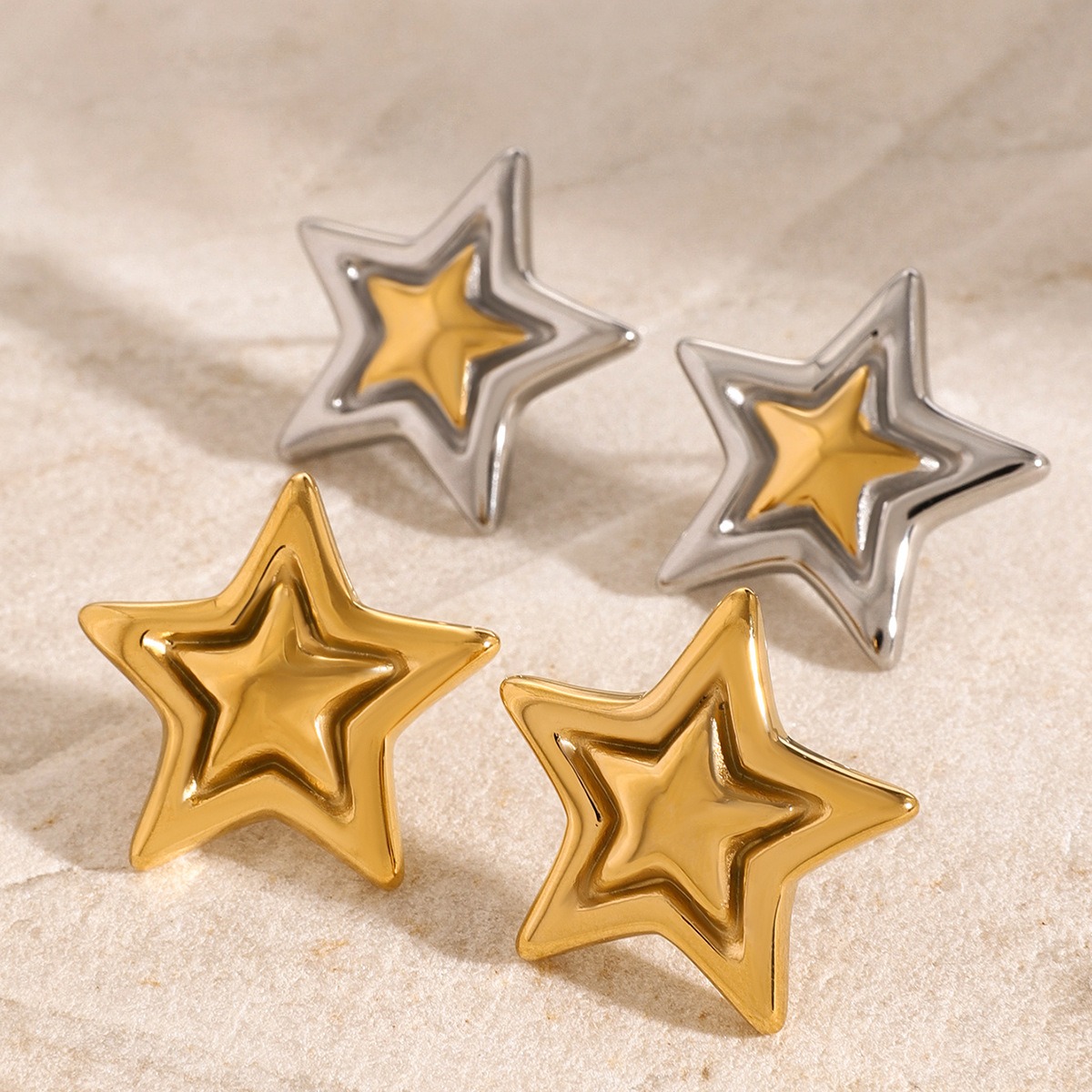 18K gold trendy personality five-pointed star with concave and convex design earrings - Image 9
