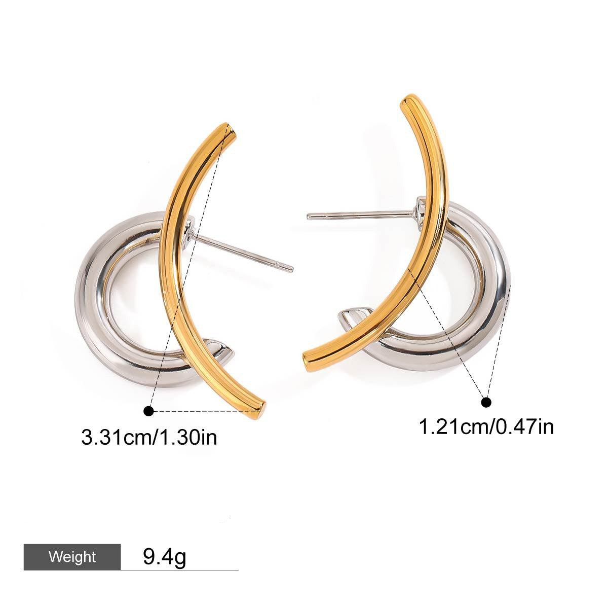 18K gold double C-shaped earrings with gold and silver color matching design, trendy and personalized - Image 7
