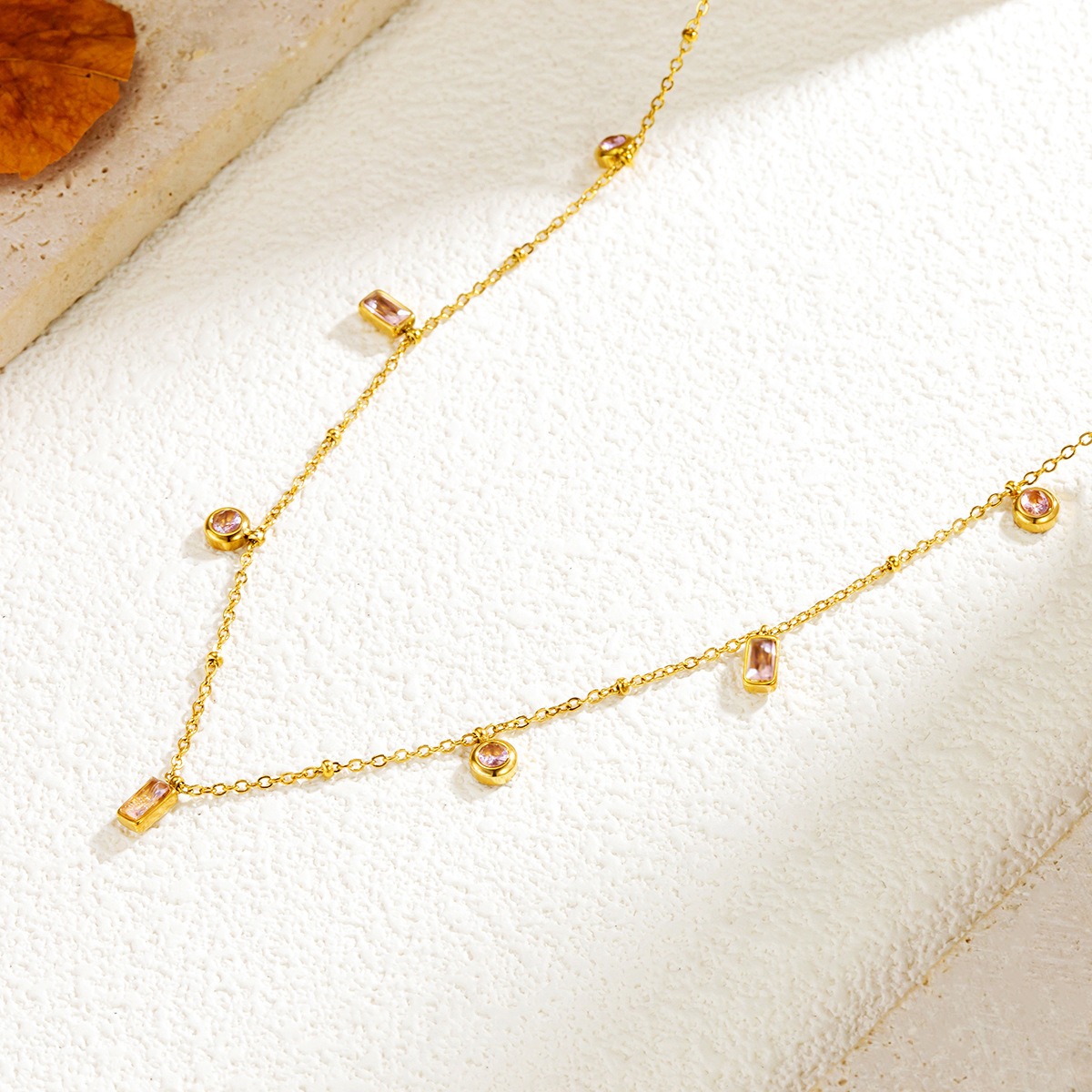 18K Gold Square Pink Purple Round Pendant Necklace Bracelet