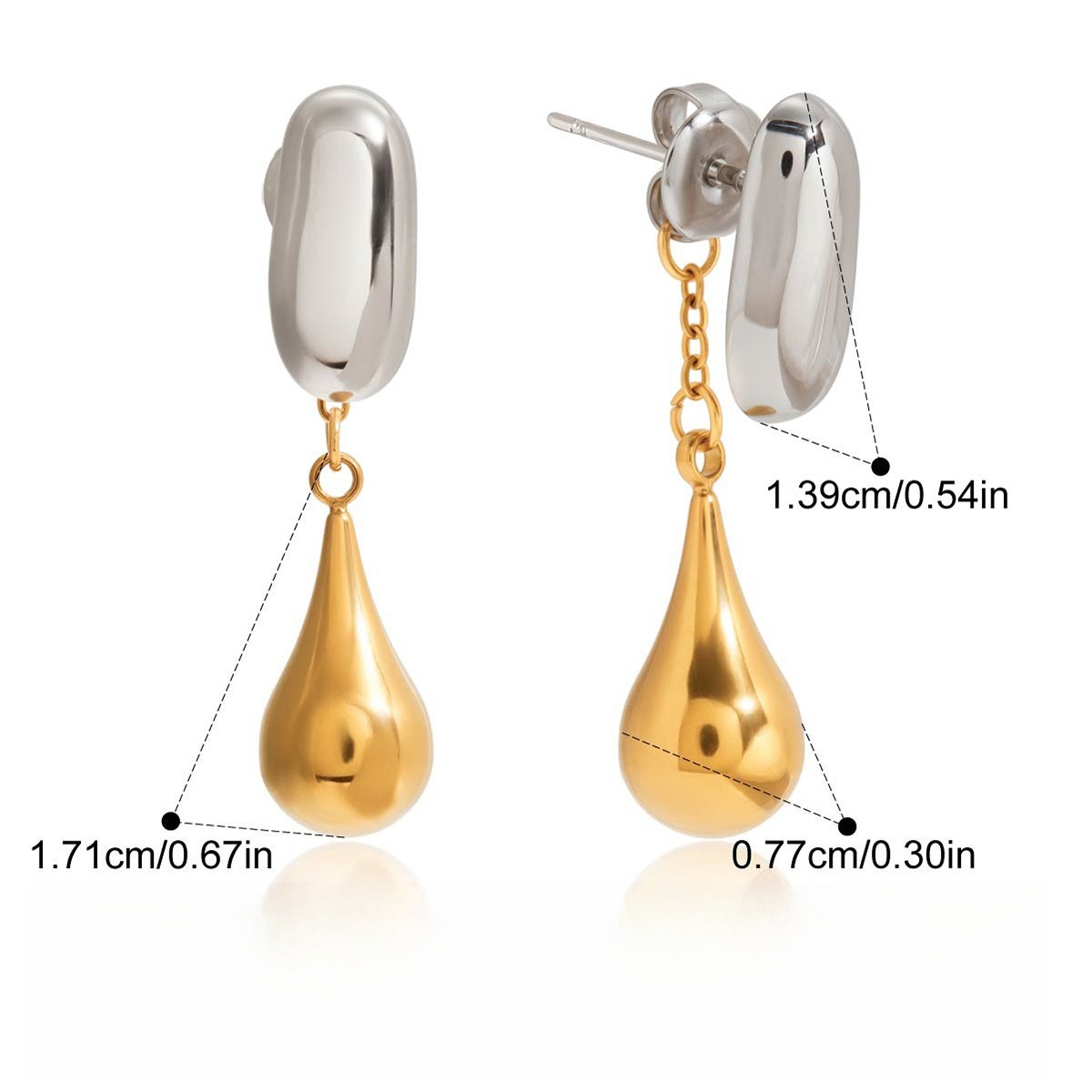 18K gold and S925 silver two-tone teardrop front and back stud earrings - Image 3