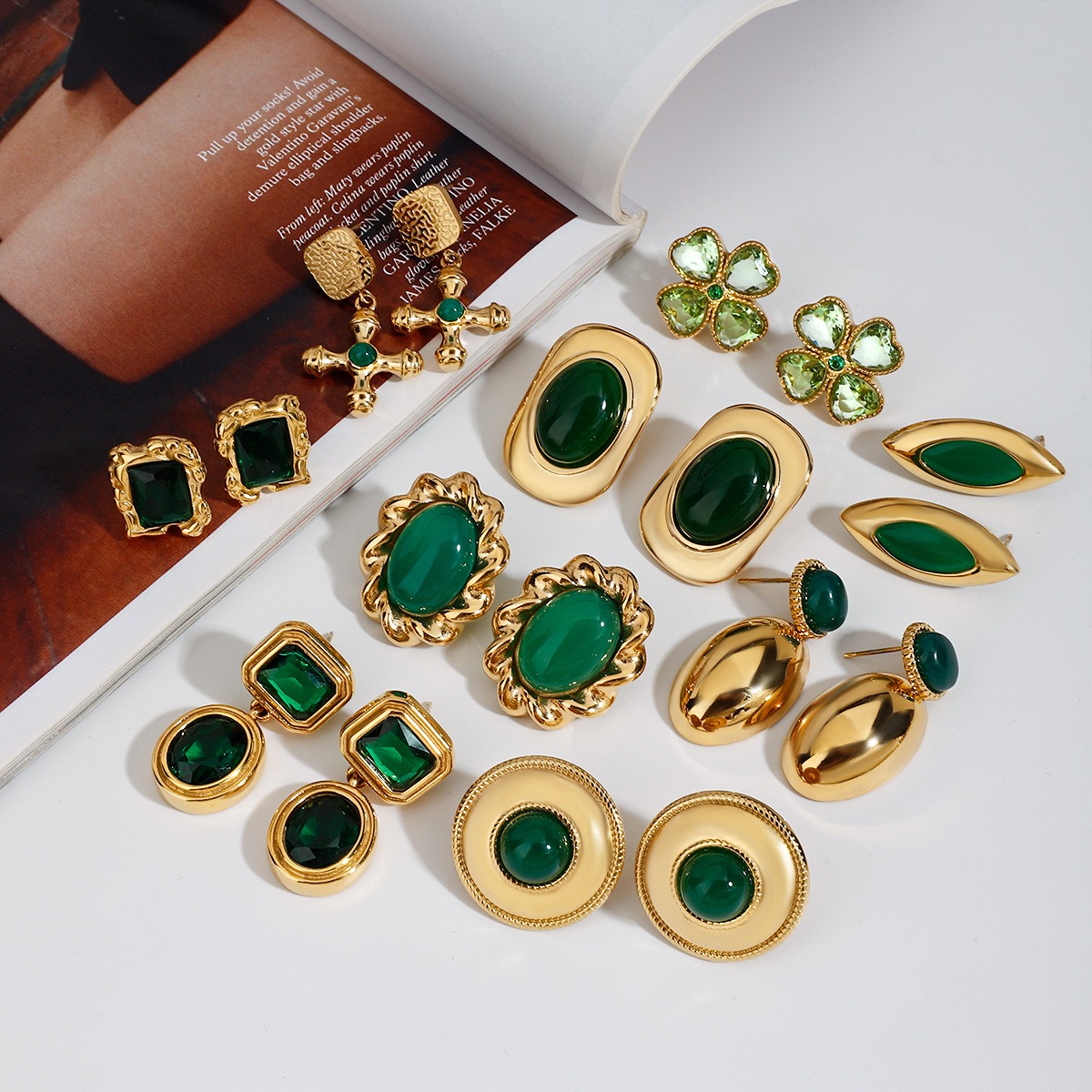 18K gold geometric/flower-shaped inlaid gemstone design light luxury noble earrings - Image 19