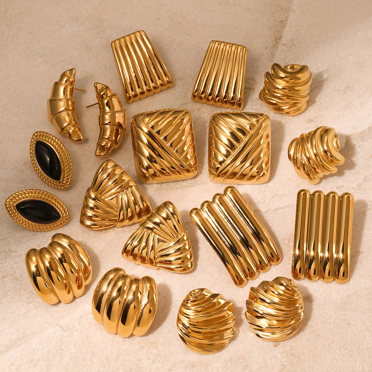 18K gold stylish simple geometric shape with bar/thread/wave pattern design all-match earrings