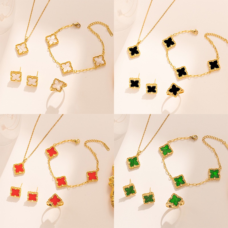 18k gold rhombus-shaped four-leaf clover necklace, bracelet, earrings, and ring set