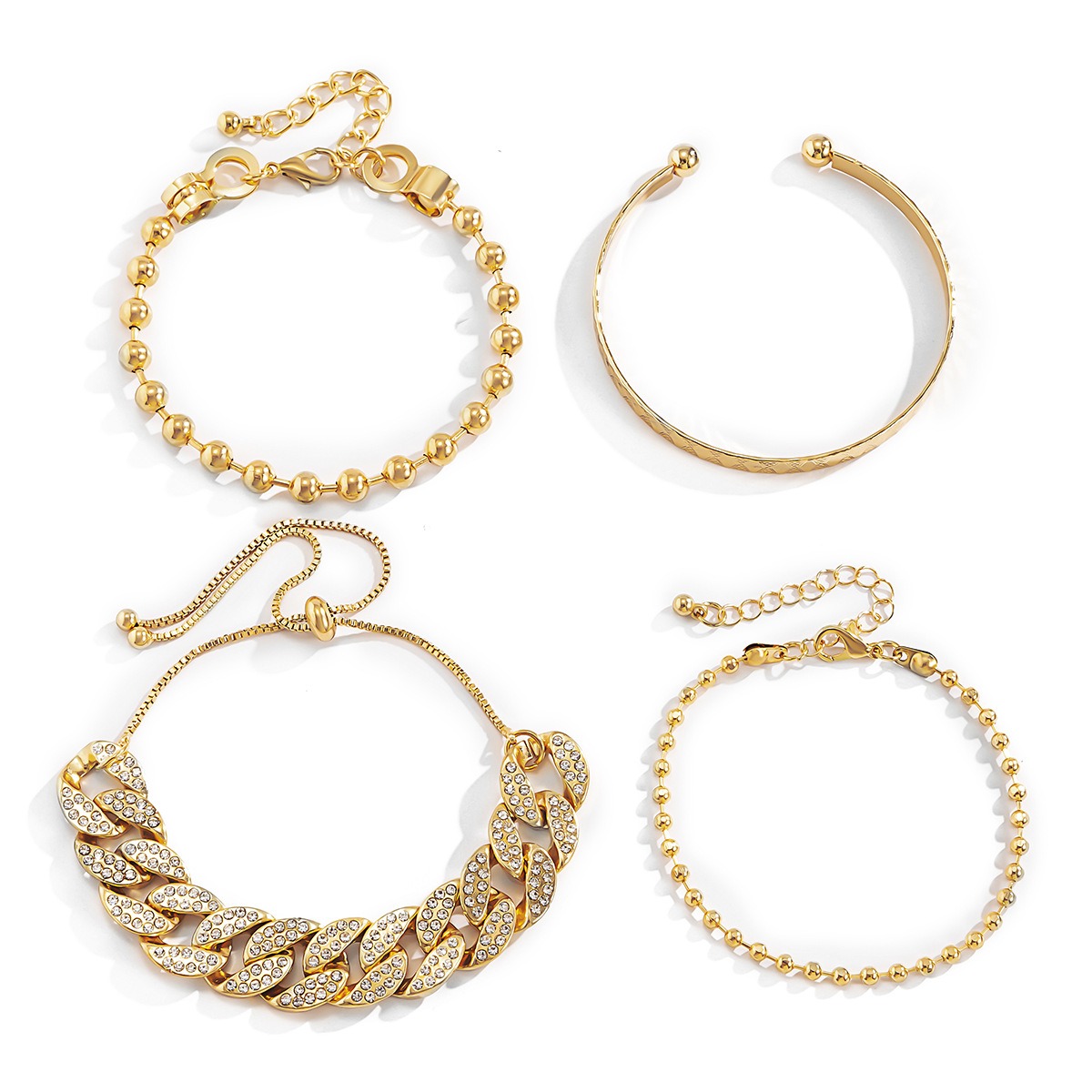 Diamond-studded Cuban buckle bracelet Hip-hop personalized round bead chain pattern bracelet set - Image 5