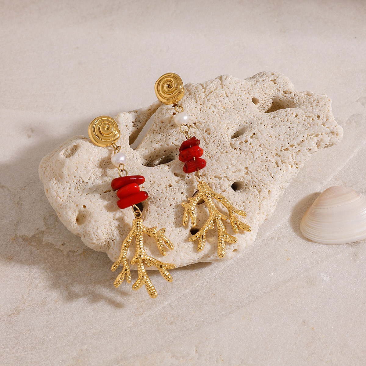 18K gold coral-shaped design trendy personality earring necklace set