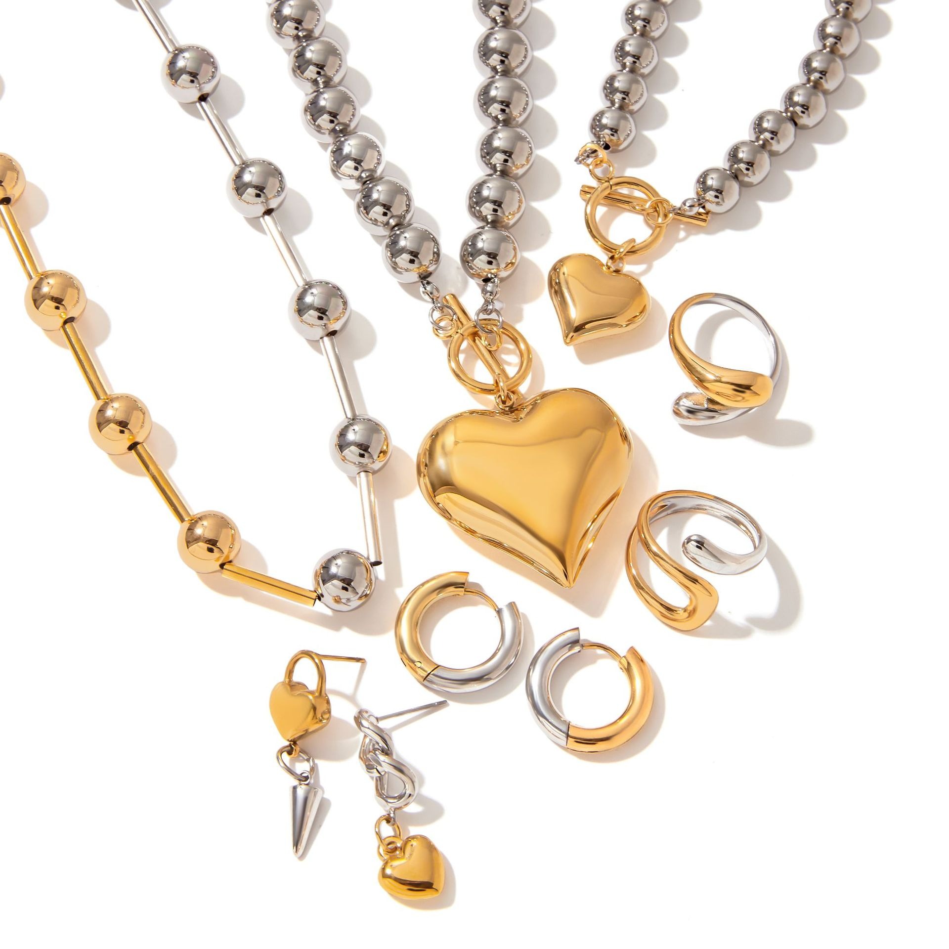 18K gold heart shape with gold and silver color matching design trendy personality necklace bracelet ring earrings set - Image 13