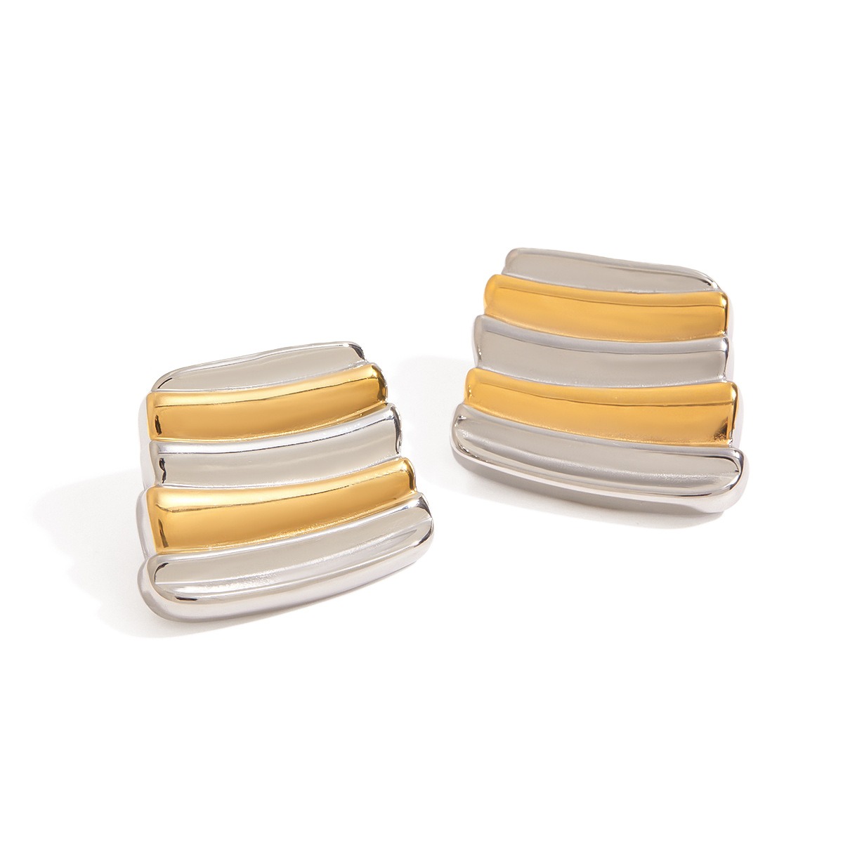 18K gold geometric trapezoidal design with gold and silver color matching, fashionable and personalized earrings - Image 5
