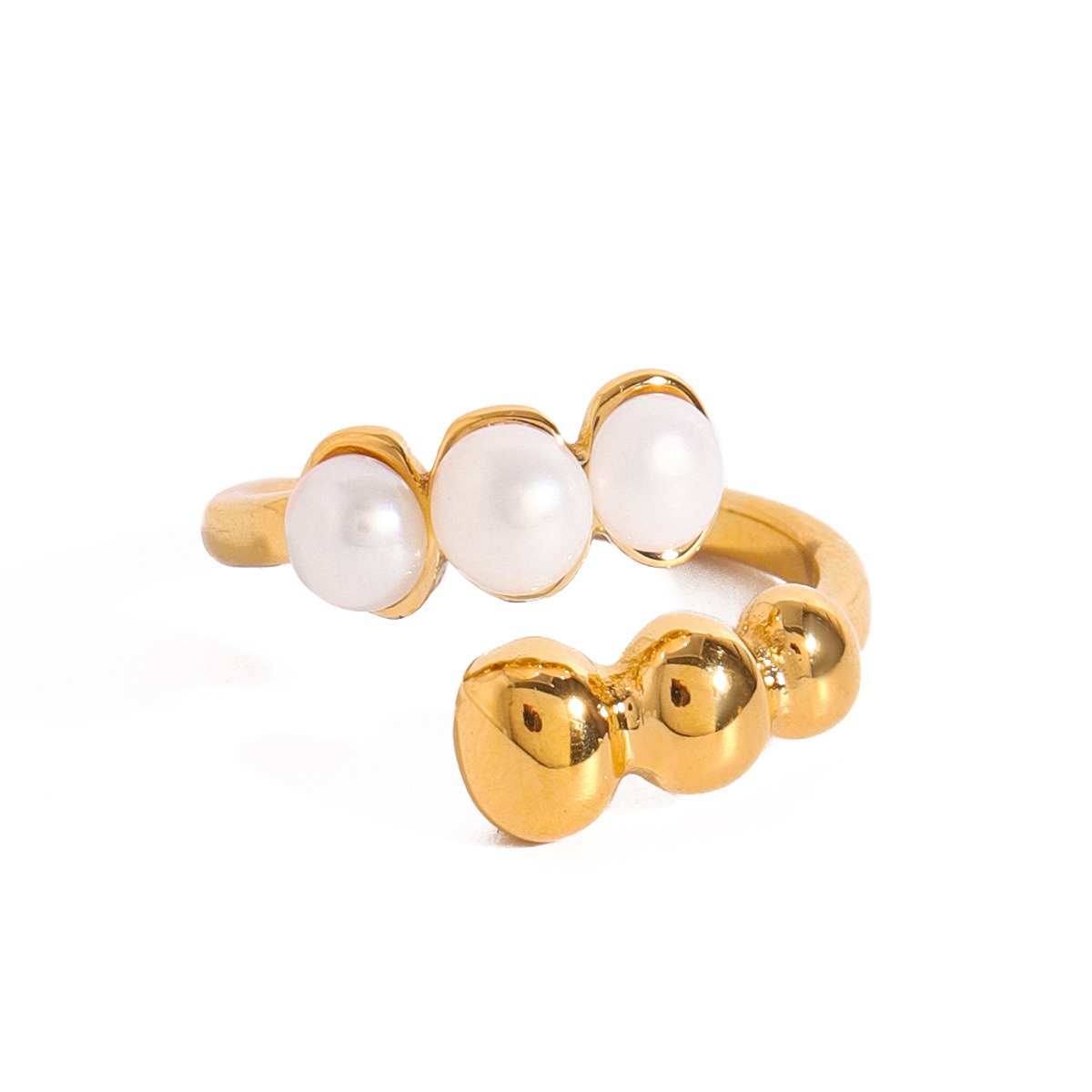 18K gold round bead-shaped pearl inlaid open ring with exquisite design - Image 5