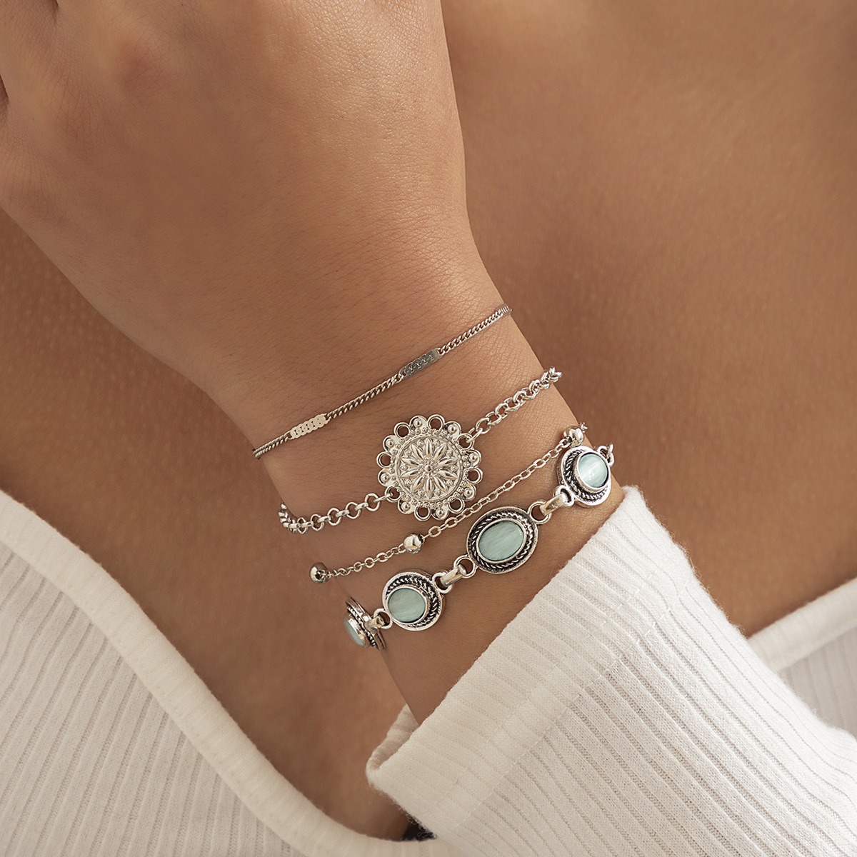 Ethnic style flower disc cat's eye gold retro bracelet