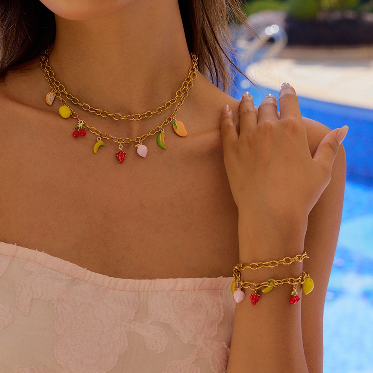18K gold thick chain with fruit-shaped pendant design trendy and unique necklace, bracelet and earrings set - Image 7