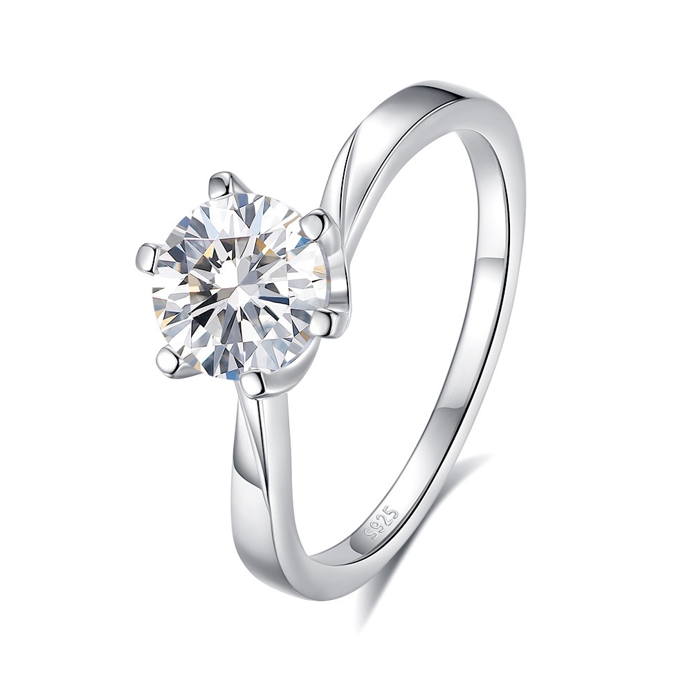 S925 Sterling Silver Twisted Arm Six-Prong Moissanite Ring