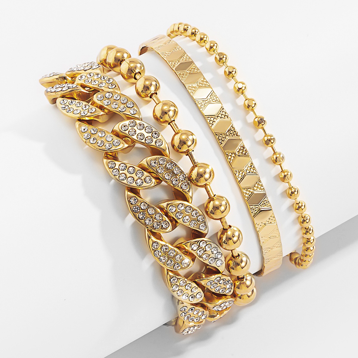 Diamond-studded Cuban buckle bracelet Hip-hop personalized round bead chain pattern bracelet set - Image 7