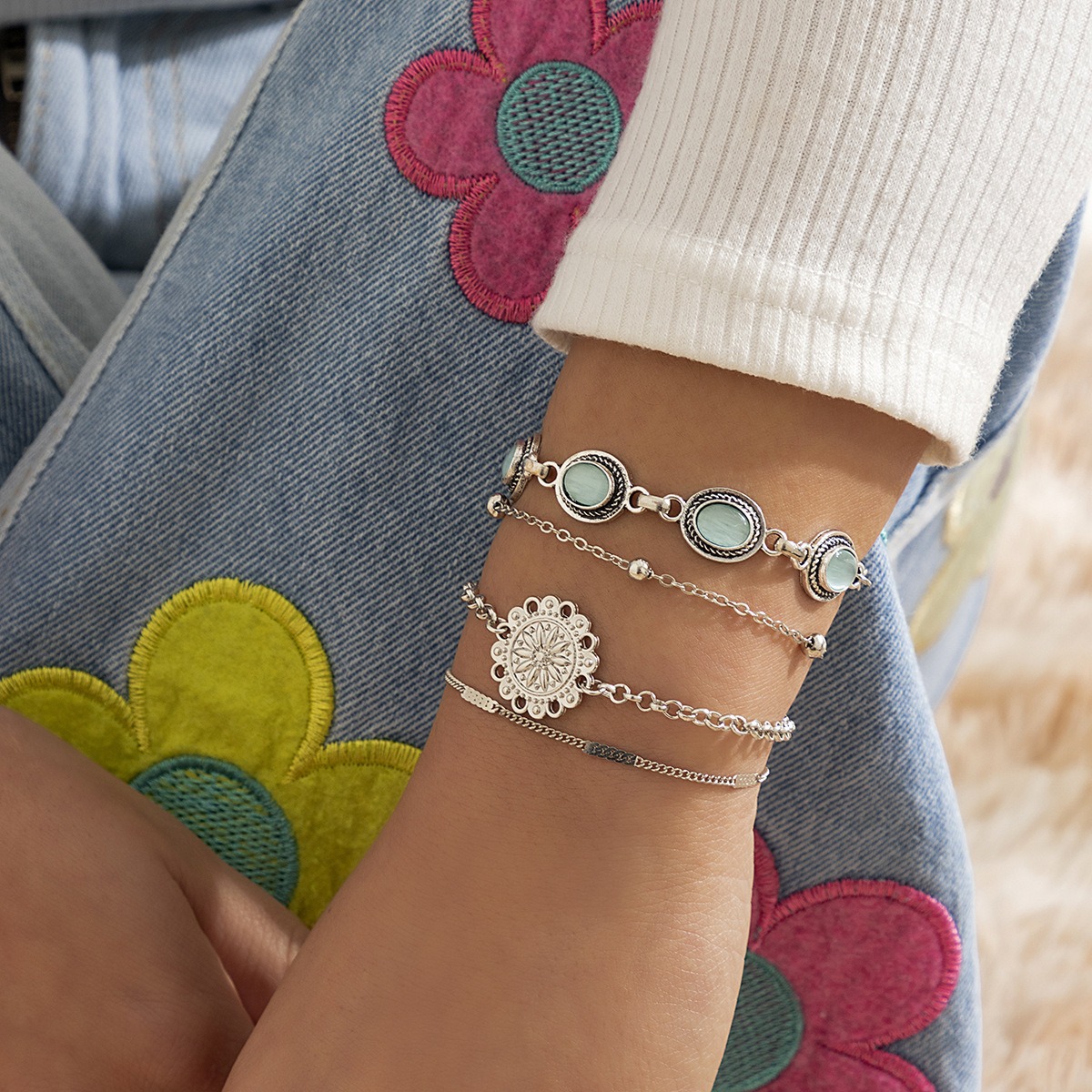 Ethnic style flower disc cat's eye gold retro bracelet - Image 7