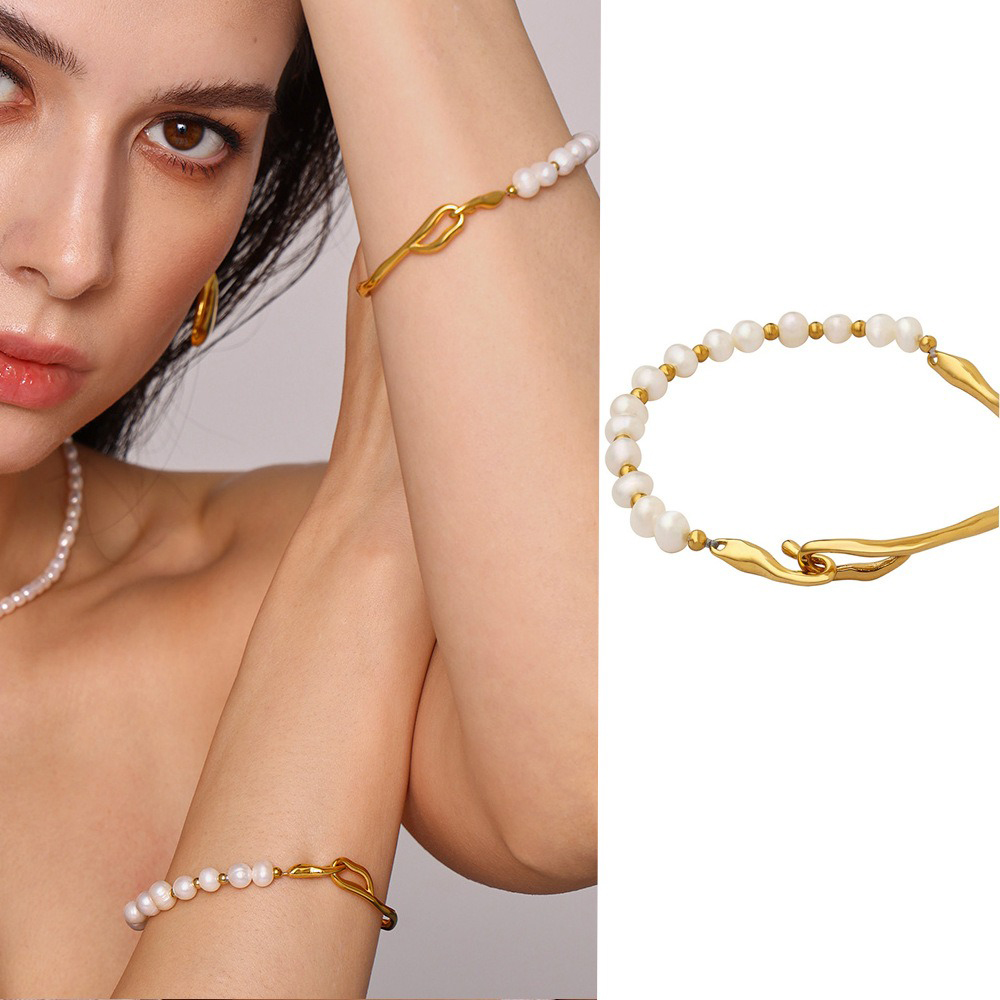 18K gold irregular shape with pearl design trendy unique bracelet