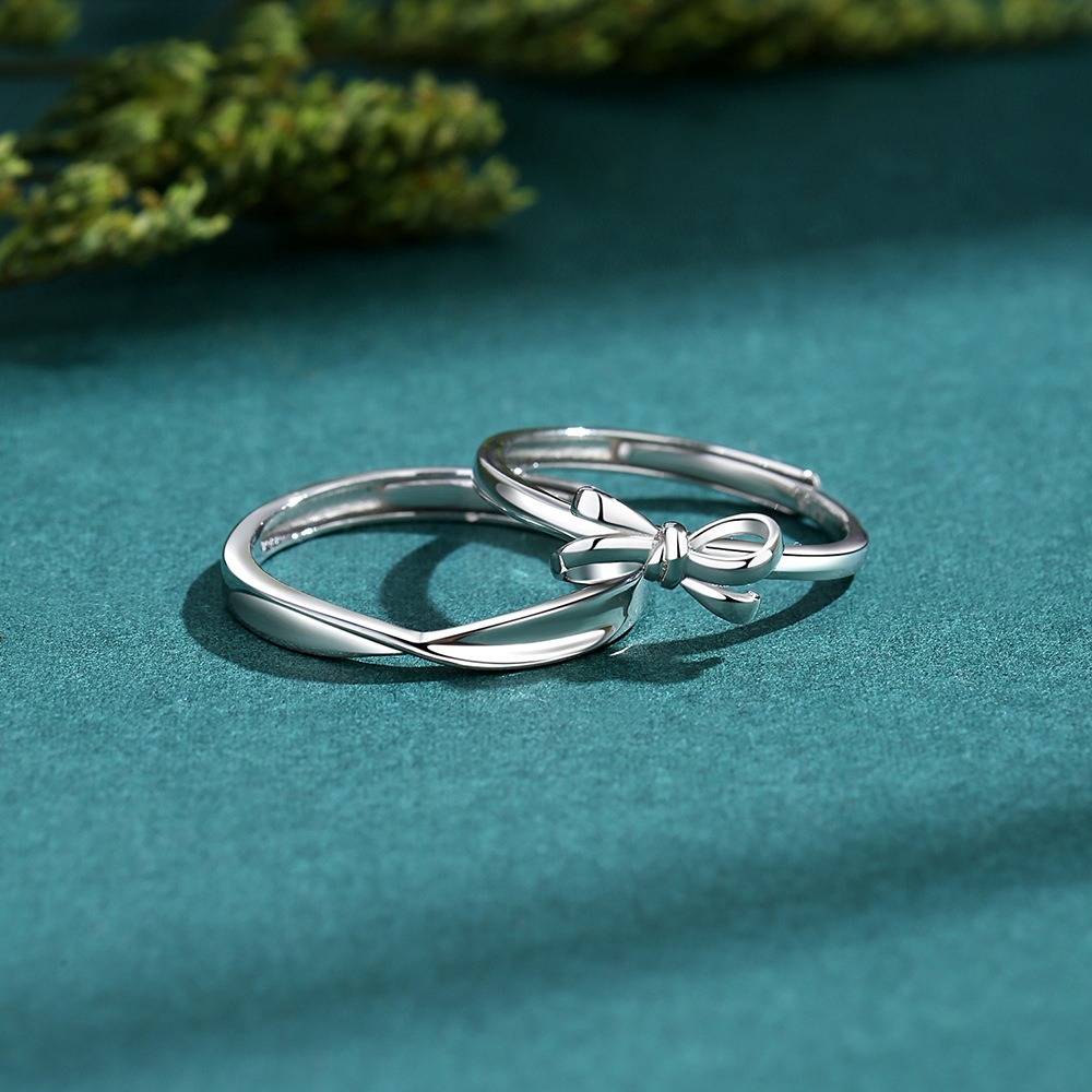 S925 silver heart knot entangled couple bowknot open ring - Image 5