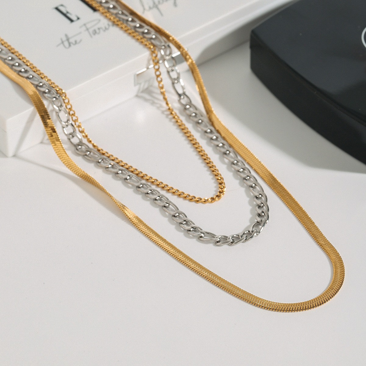 18K gold multi-layer chain with gold and silver color matching design simple personality necklace - Image 8