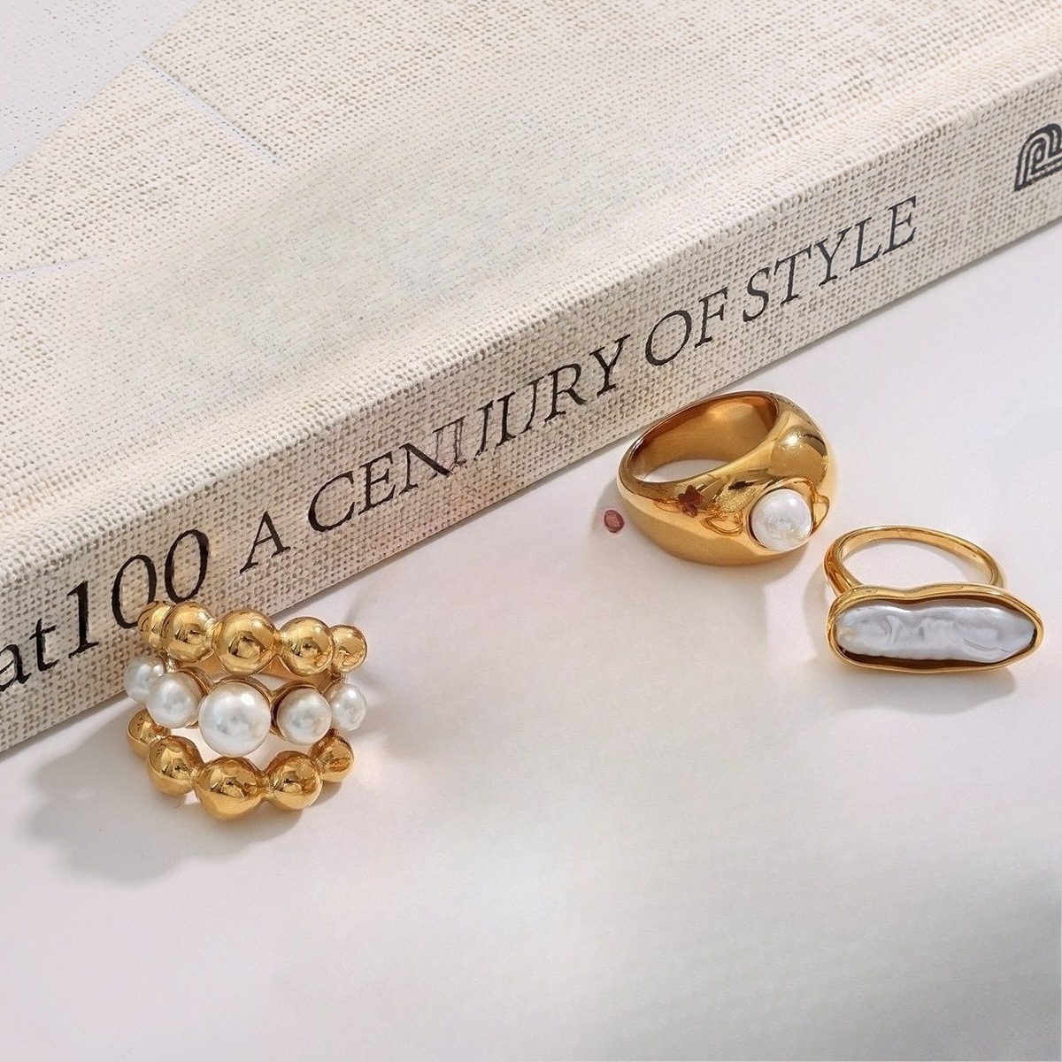 18K Gold Pearl Titanium Steel Ring
