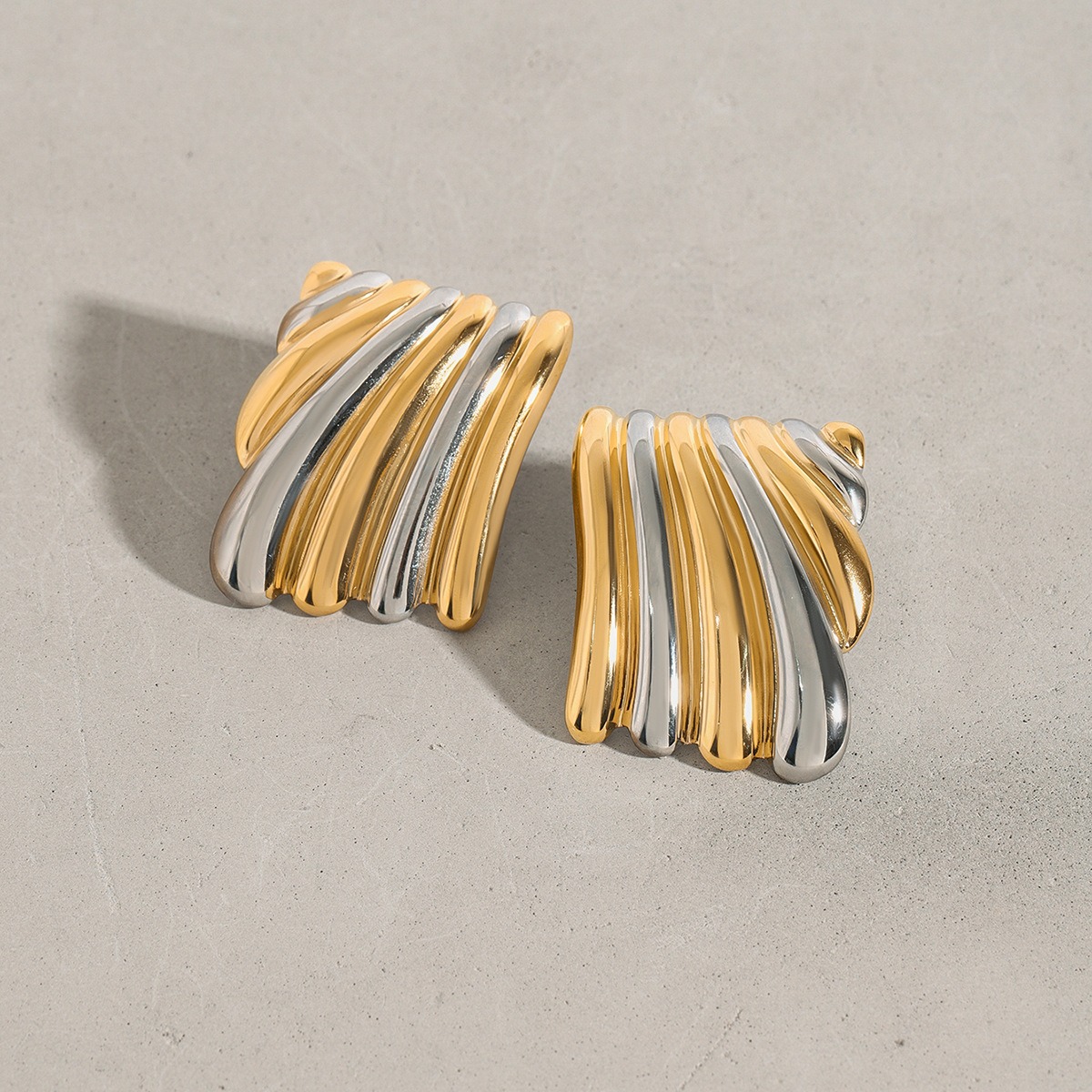 18K gold geometric shape with gold and silver color matching design classic personality earrings - Image 8