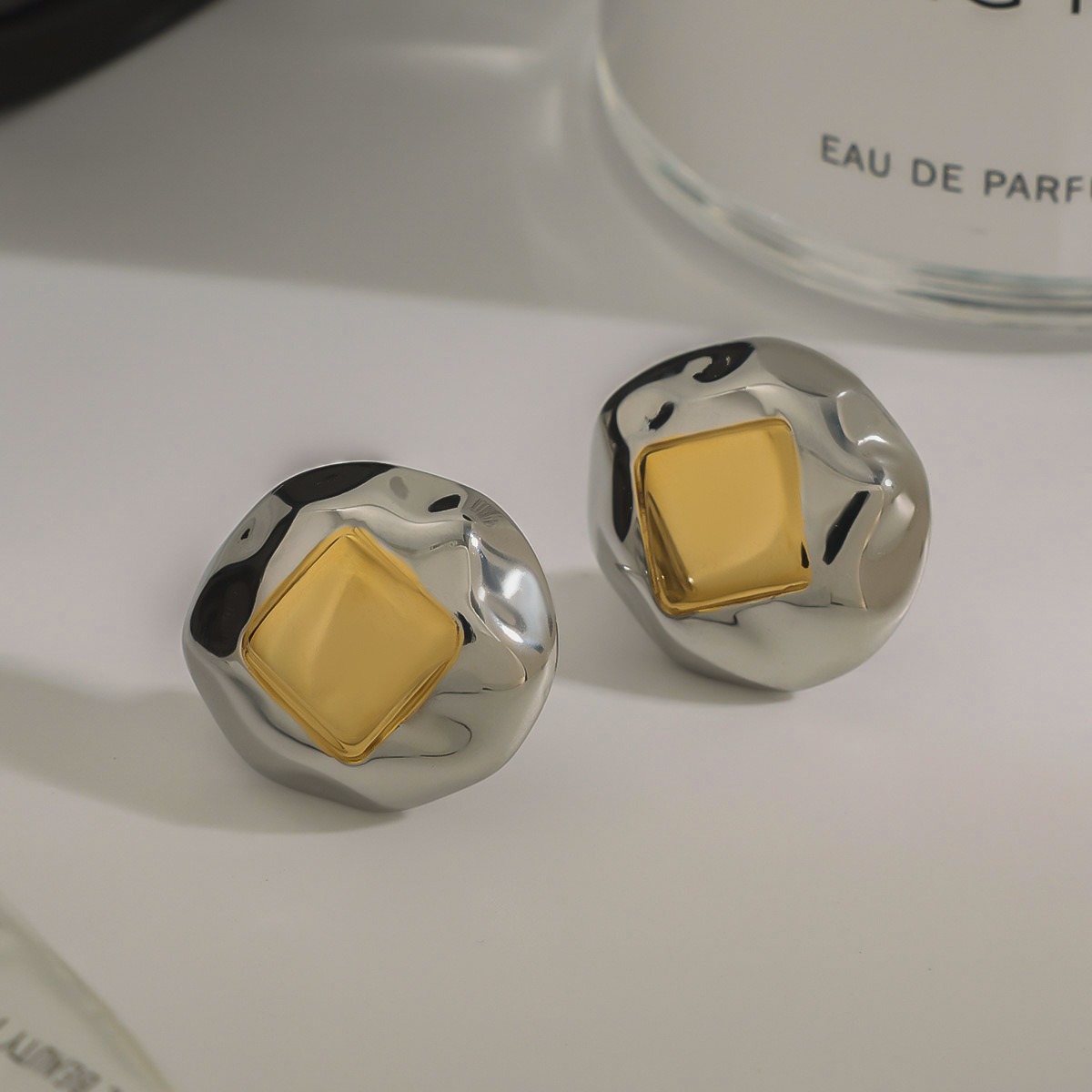 18K gold geometric inlay with gold and silver color matching design unique personality earrings