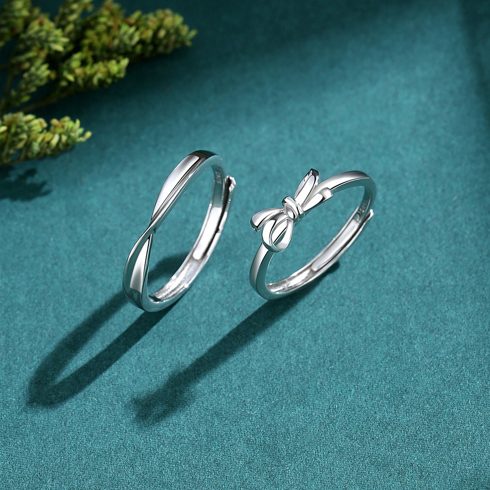 S925 silver heart knot entangled couple bowknot open ring - Image 6
