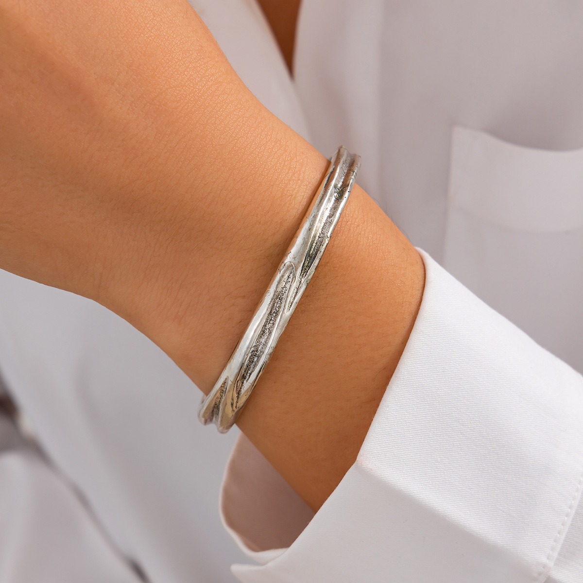 Double Ring Hollow Spring Open Bracelet Punk Style Round Bead Pendant Stacking Bracelet - Image 8