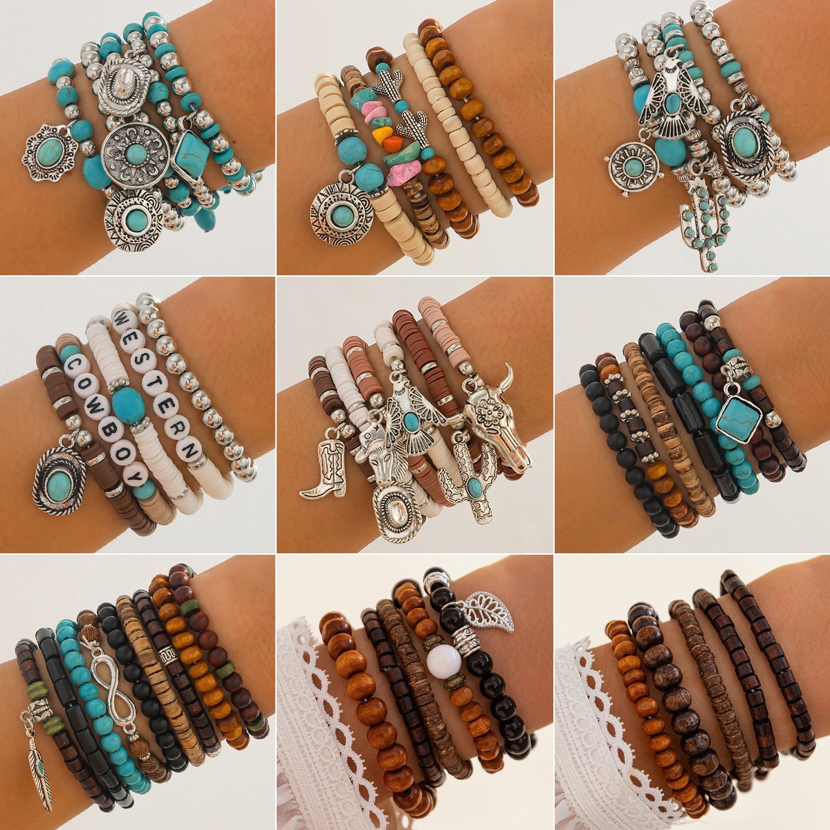 Retro ethnic style bull head turquoise beaded elastic bracelet