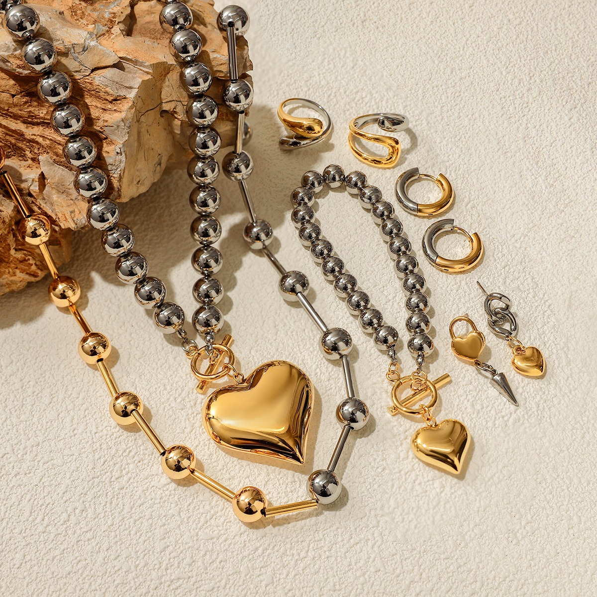 18K gold heart shape with gold and silver color matching design trendy personality necklace bracelet ring earrings set - Image 20