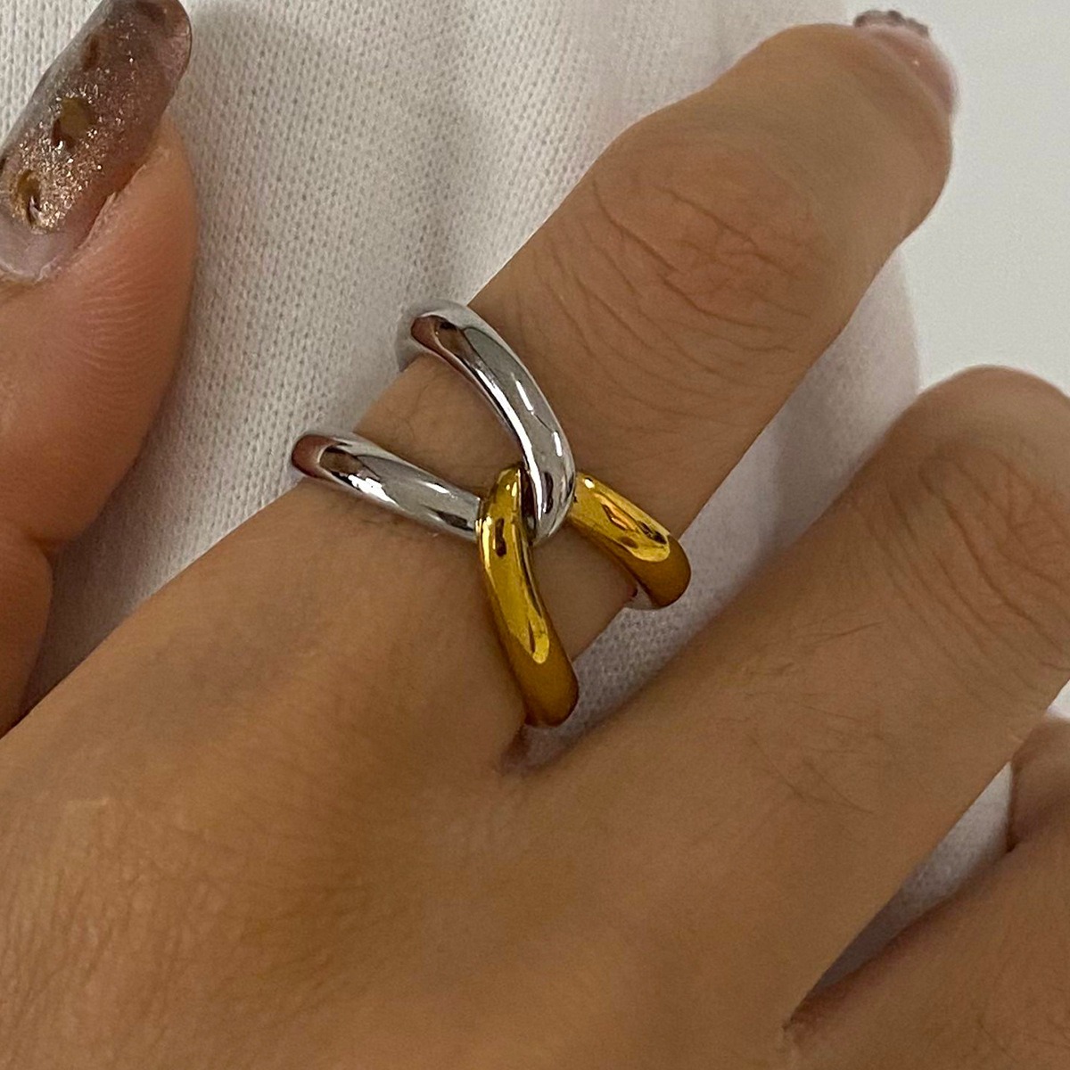 18K gold double-ring cross design simple and elegant ring - Image 9