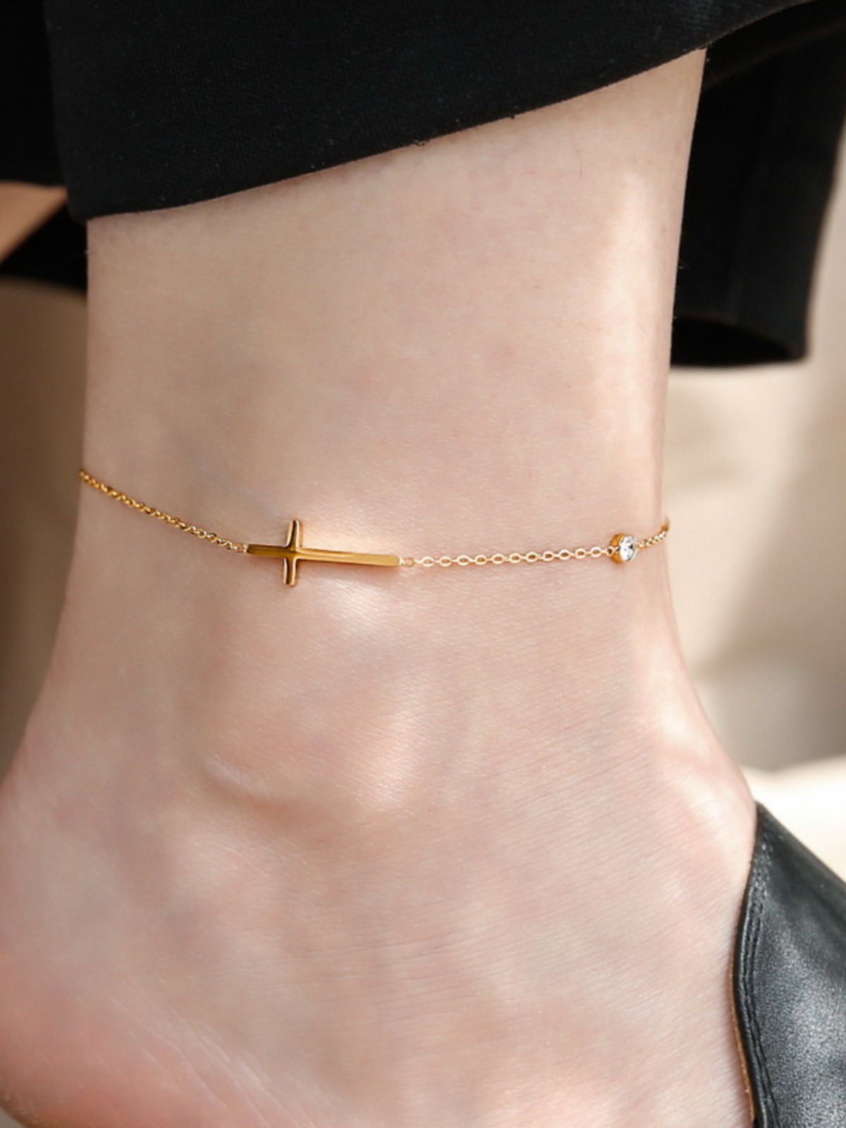 High-end 18K gold-plated cross crystal anklet